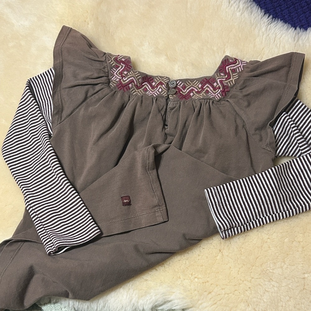 Tea Collection Brown Dress with Striped Sleeves with Pink Embroidery Neck detail